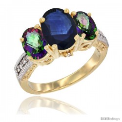 14K Yellow Gold Ladies 3-Stone Oval Natural Blue Sapphire Ring with Mystic Topaz Sides Diamond Accent