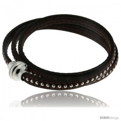 Surgical Steel Italian Leather Wrap Massai Bracelet Inlaid Beads w/ Super Magnet Clasp, Color Brown