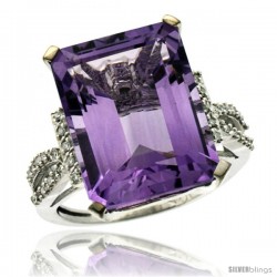 10k White Gold Diamond Amethyst Ring 12 ct Emerald Shape 16x12 Stone 3/4 in wide