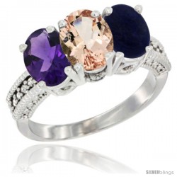 10K White Gold Natural Amethyst, Morganite & Lapis Ring 3-Stone Oval 7x5 mm Diamond Accent