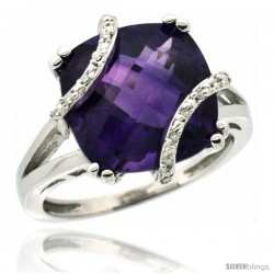 10k White Gold Diamond Amethyst Ring 7.5 ct Cushion Cut 12 mm Stone, 1/2 in wide