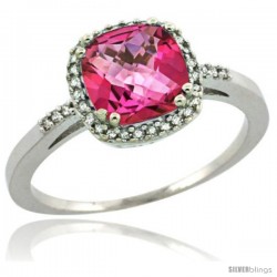 Sterling Silver Diamond Natural Pink Topaz Ring 1.5 ct Checkerboard Cut Cushion Shape 7 mm, 3/8 in wide