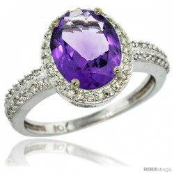 10k White Gold Diamond Amethyst Ring Oval Stone 10x8 mm 2.4 ct 1/2 in wide