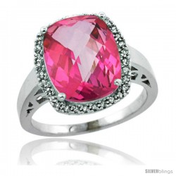 Sterling Silver Diamond Natural Pink Topaz Ring 5.17 ct Checkerboard Cut Cushion 12x10 mm, 1/2 in wide