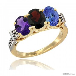 10K Yellow Gold Natural Amethyst, Garnet & Tanzanite Ring 3-Stone Oval 7x5 mm Diamond Accent