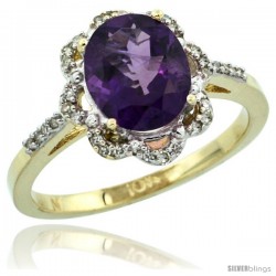 10k Yellow Gold Diamond Halo Amethyst Ring 1.65 Carat Oval Shape 9X7 mm, 7/16 in (11mm) wide