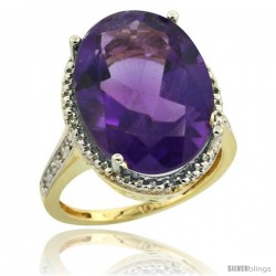 10k Yellow Gold Diamond Amethyst Ring 13.56 Carat Oval Shape 18x13 mm, 3/4 in (20mm) wide