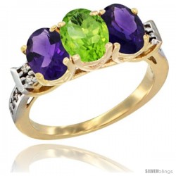 10K Yellow Gold Natural Peridot & Amethyst Sides Ring 3-Stone Oval 7x5 mm Diamond Accent