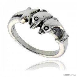 Sterling Silver Double Dolphin w/ Star Polished Ring 1/4 in wide