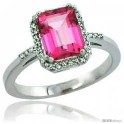 Sterling Silver Diamond Natural Pink Topaz Ring 1.6 ct Emerald Shape 8x6 mm, 1/2 in wide -Style Cwg06129