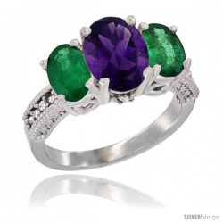 14K White Gold Ladies 3-Stone Oval Natural Amethyst Ring with Emerald Sides Diamond Accent