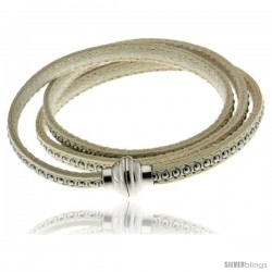 Surgical Steel Italian Leather Wrap Massai Bracelet Inlaid Beads w/ Super Magnet Clasp, Color White