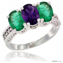 14K White Gold Natural Amethyst & Emerald Sides Ring 3-Stone 7x5 mm Oval Diamond Accent