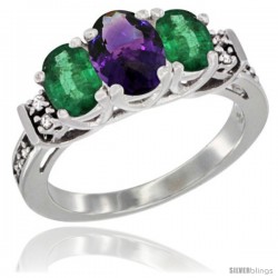 14K White Gold Natural Amethyst & Emerald Ring 3-Stone Oval with Diamond Accent