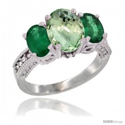 14K White Gold Ladies 3-Stone Oval Natural Green Amethyst Ring with Emerald Sides Diamond Accent