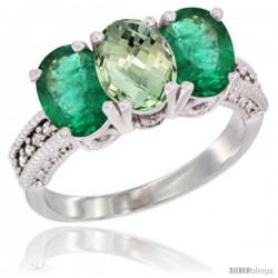 14K White Gold Natural Green Amethyst & Emerald Sides Ring 3-Stone 7x5 mm Oval Diamond Accent