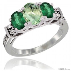 14K White Gold Natural Green Amethyst & Emerald Ring 3-Stone Oval with Diamond Accent