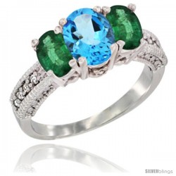 14k White Gold Ladies Oval Natural Swiss Blue Topaz 3-Stone Ring with Emerald Sides Diamond Accent