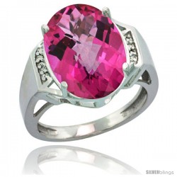 Sterling Silver Diamond Natural Pink Topaz Ring 9.7 ct Large Oval Stone 16x12 mm, 5/8 in wide