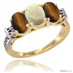 10K Yellow Gold Natural Opal & Tiger Eye Sides Ring 3-Stone Oval 7x5 mm Diamond Accent