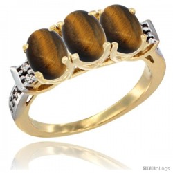 10K Yellow Gold Natural Tiger Eye Ring 3-Stone Oval 7x5 mm Diamond Accent