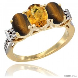 10K Yellow Gold Natural Whisky Quartz & Tiger Eye Sides Ring 3-Stone Oval 7x5 mm Diamond Accent