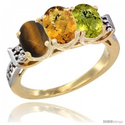 10K Yellow Gold Natural Tiger Eye, Whisky Quartz & Lemon Quartz Ring 3-Stone Oval 7x5 mm Diamond Accent