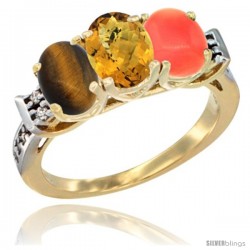 10K Yellow Gold Natural Tiger Eye, Whisky Quartz & Coral Ring 3-Stone Oval 7x5 mm Diamond Accent