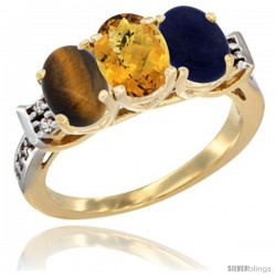 10K Yellow Gold Natural Tiger Eye, Whisky Quartz & Lapis Ring 3-Stone Oval 7x5 mm Diamond Accent