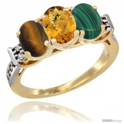 10K Yellow Gold Natural Tiger Eye, Whisky Quartz & Malachite Ring 3-Stone Oval 7x5 mm Diamond Accent