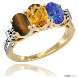 10K Yellow Gold Natural Tiger Eye, Whisky Quartz & Tanzanite Ring 3-Stone Oval 7x5 mm Diamond Accent