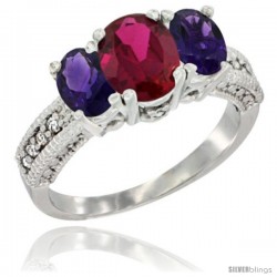 10K White Gold Ladies Oval Natural Ruby 3-Stone Ring with Amethyst Sides Diamond Accent