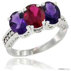 10K White Gold Natural Ruby & Amethyst Sides Ring 3-Stone Oval 7x5 mm Diamond Accent