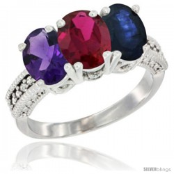 10K White Gold Natural Amethyst, Ruby & Blue Sapphire Ring 3-Stone Oval 7x5 mm Diamond Accent