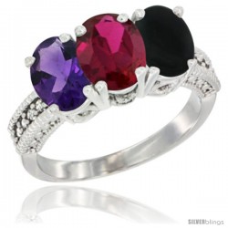 10K White Gold Natural Amethyst, Ruby & Black Onyx Ring 3-Stone Oval 7x5 mm Diamond Accent
