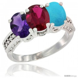 10K White Gold Natural Amethyst, Ruby & Turquoise Ring 3-Stone Oval 7x5 mm Diamond Accent