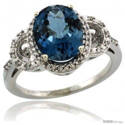 14k White Gold Diamond Halo London Blue Topaz Ring 2.4 ct Oval Stone 10x8 mm, 1/2 in wide