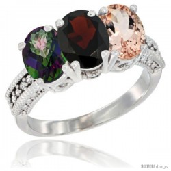 10K White Gold Natural Mystic Topaz, Garnet & Morganite Ring 3-Stone Oval 7x5 mm Diamond Accent