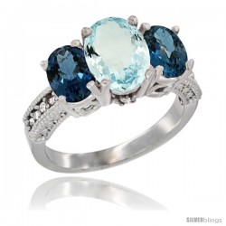 14K White Gold Ladies 3-Stone Oval Natural Aquamarine Ring with London Blue Topaz Sides Diamond Accent