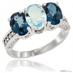 14K White Gold Natural Aquamarine & London Blue Topaz Sides Ring 3-Stone 7x5 mm Oval Diamond Accent