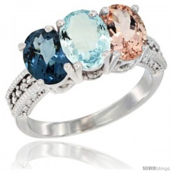 14K White Gold Natural London Blue Topaz, Aquamarine & Morganite Ring 3-Stone 7x5 mm Oval Diamond Accent