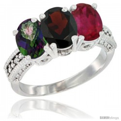 10K White Gold Natural Mystic Topaz, Garnet & Ruby Ring 3-Stone Oval 7x5 mm Diamond Accent