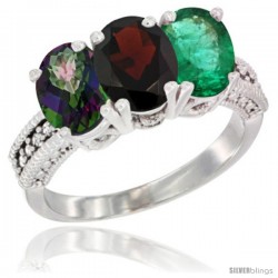 10K White Gold Natural Mystic Topaz, Garnet & Emerald Ring 3-Stone Oval 7x5 mm Diamond Accent