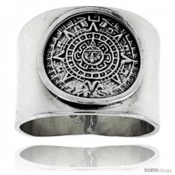 Sterling Silver Cigar Band Ring w/ Aztec Calendar Handmade 3/4 in wide