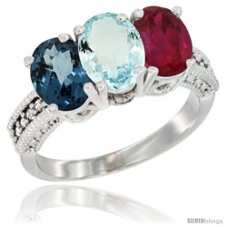 14K White Gold Natural London Blue Topaz, Aquamarine & Ruby Ring 3-Stone 7x5 mm Oval Diamond Accent