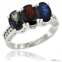 10K White Gold Natural Mystic Topaz, Garnet & Blue Sapphire Ring 3-Stone Oval 7x5 mm Diamond Accent