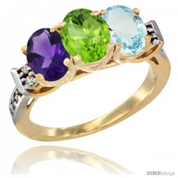 10K Yellow Gold Natural Amethyst, Peridot & Aquamarine Ring 3-Stone Oval 7x5 mm Diamond Accent