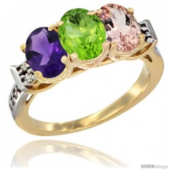 10K Yellow Gold Natural Amethyst, Peridot & Morganite Ring 3-Stone Oval 7x5 mm Diamond Accent