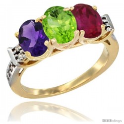 10K Yellow Gold Natural Amethyst, Peridot & Ruby Ring 3-Stone Oval 7x5 mm Diamond Accent