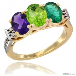 10K Yellow Gold Natural Amethyst, Peridot & Emerald Ring 3-Stone Oval 7x5 mm Diamond Accent